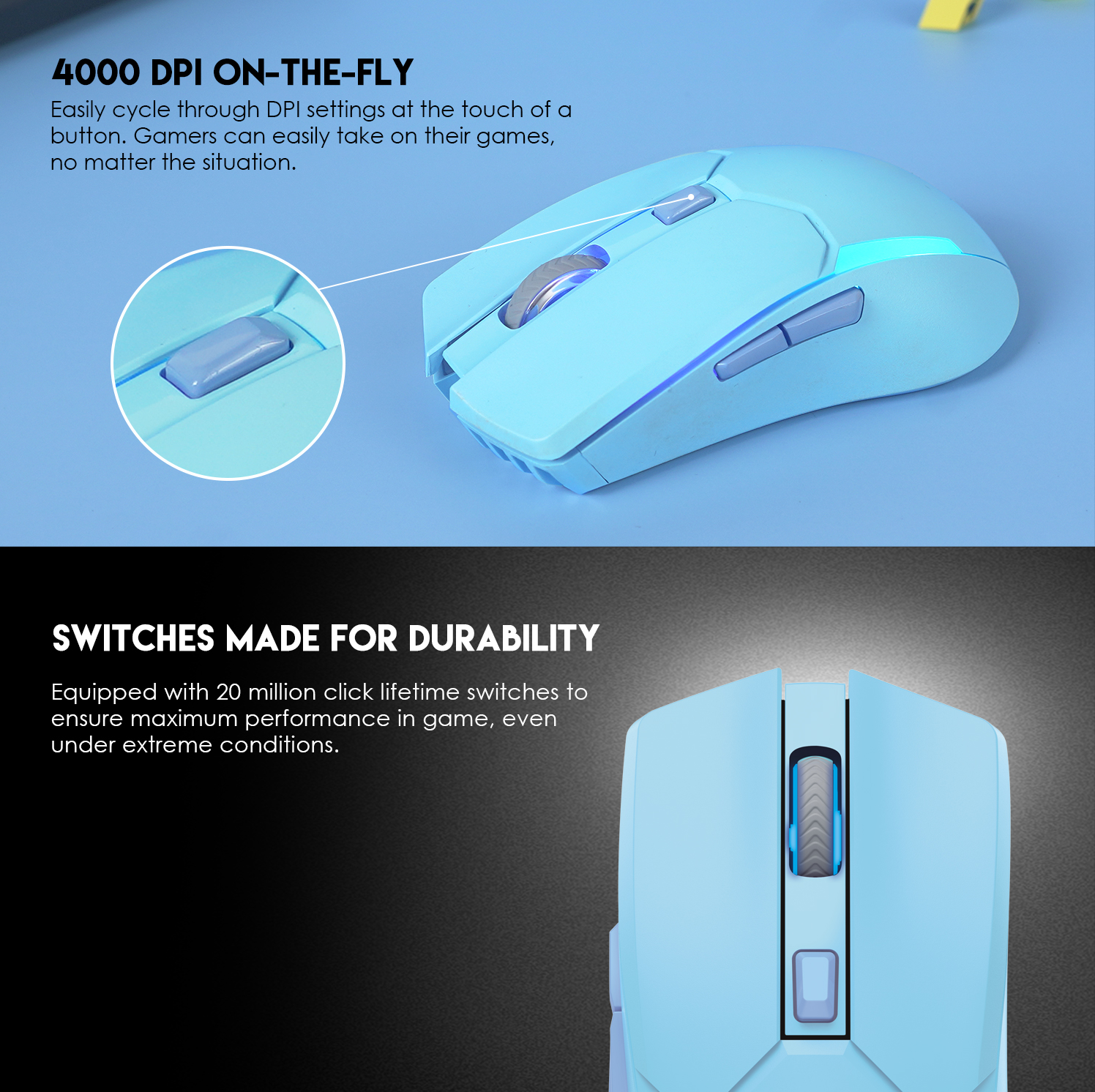 A large marketing image providing additional information about the product Fantech VENOM II WGC2 Wireless Gaming Mouse - Blue - Additional alt info not provided